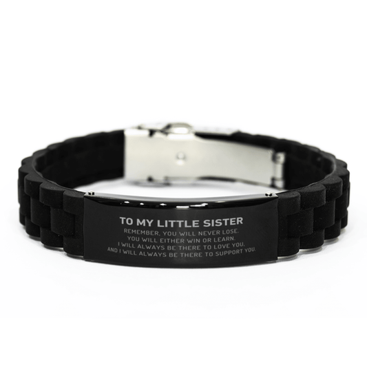 Little Sister Gifts, To My Little Sister Remember, you will never lose. You will either WIN or LEARN, Keepsake Black Glidelock Clasp Bracelet For Little Sister Engraved, Birthday Christmas Gifts Ideas For Little Sister X-mas Gifts - Mallard Moon Gift Shop