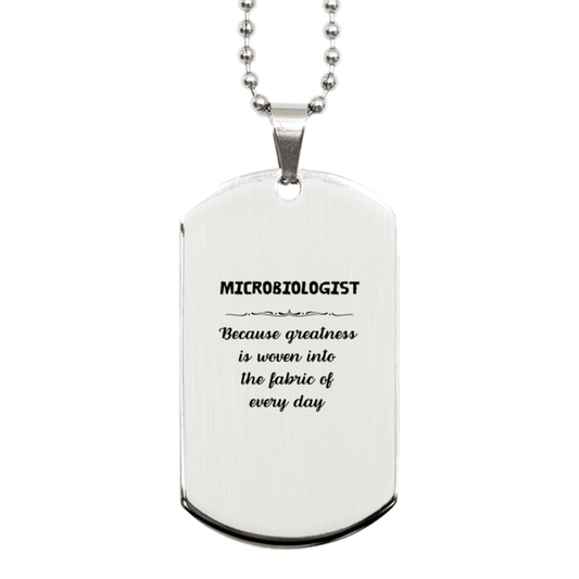 Sarcastic Microbiologist Silver Dog Tag Gifts, Christmas Holiday Gifts for Microbiologist Birthday, Microbiologist: Because greatness is woven into the fabric of every day, Coworkers, Friends - Mallard Moon Gift Shop