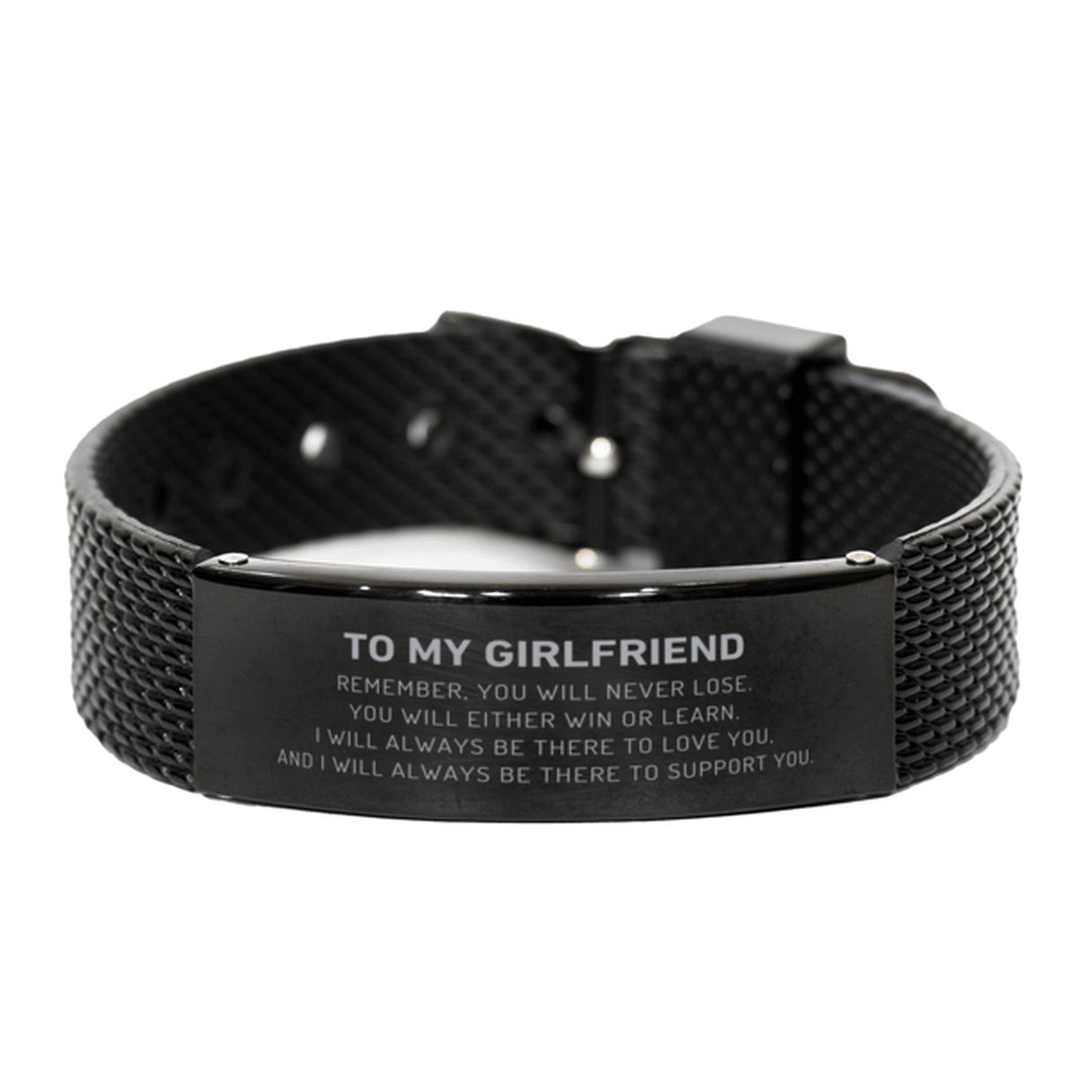 Girlfriend Gifts, To My Girlfriend Remember, you will never lose. You will either WIN or LEARN, Keepsake Black Shark Mesh Bracelet For Girlfriend Engraved, Birthday Christmas Gifts Ideas For Girlfriend X-mas Gifts - Mallard Moon Gift Shop