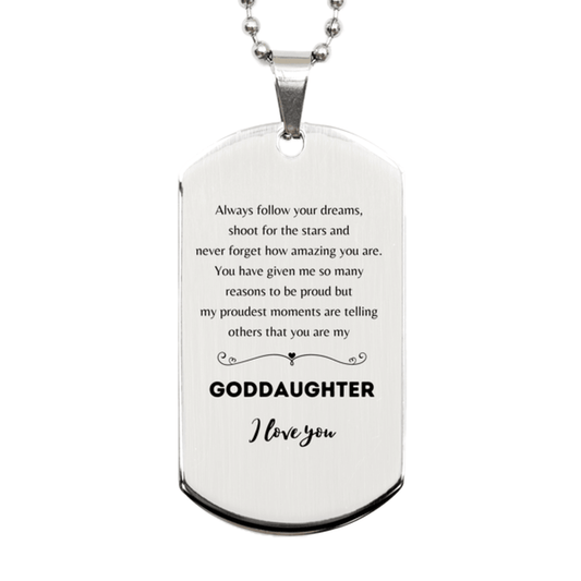Goddaughter Silver Dog Tag Engraved Necklace - Always Follow your Dreams - Birthday, Christmas Holiday Jewelry Gift - Mallard Moon Gift Shop