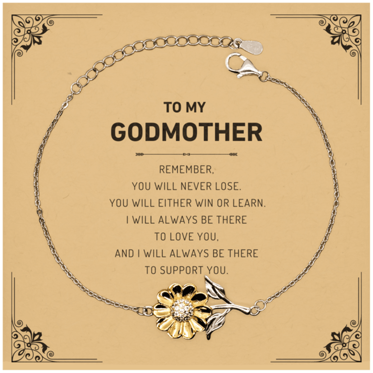 Godmother Gifts, To My Godmother Remember, you will never lose. You will either WIN or LEARN, Keepsake Sunflower Bracelet For Godmother Card, Birthday Christmas Gifts Ideas For Godmother X-mas Gifts - Mallard Moon Gift Shop