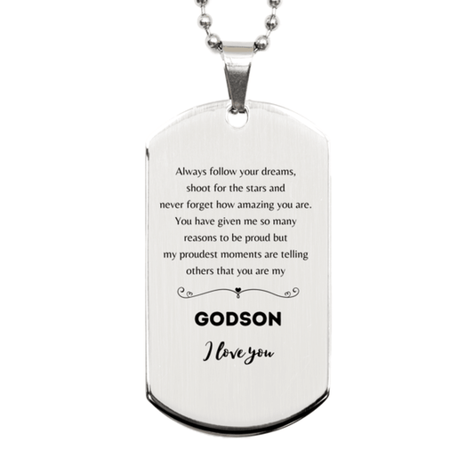 Godson Silver Dog Tag Engraved Necklace - Always Follow your Dreams - Birthday, Christmas Holiday Jewelry Gift - Mallard Moon Gift Shop
