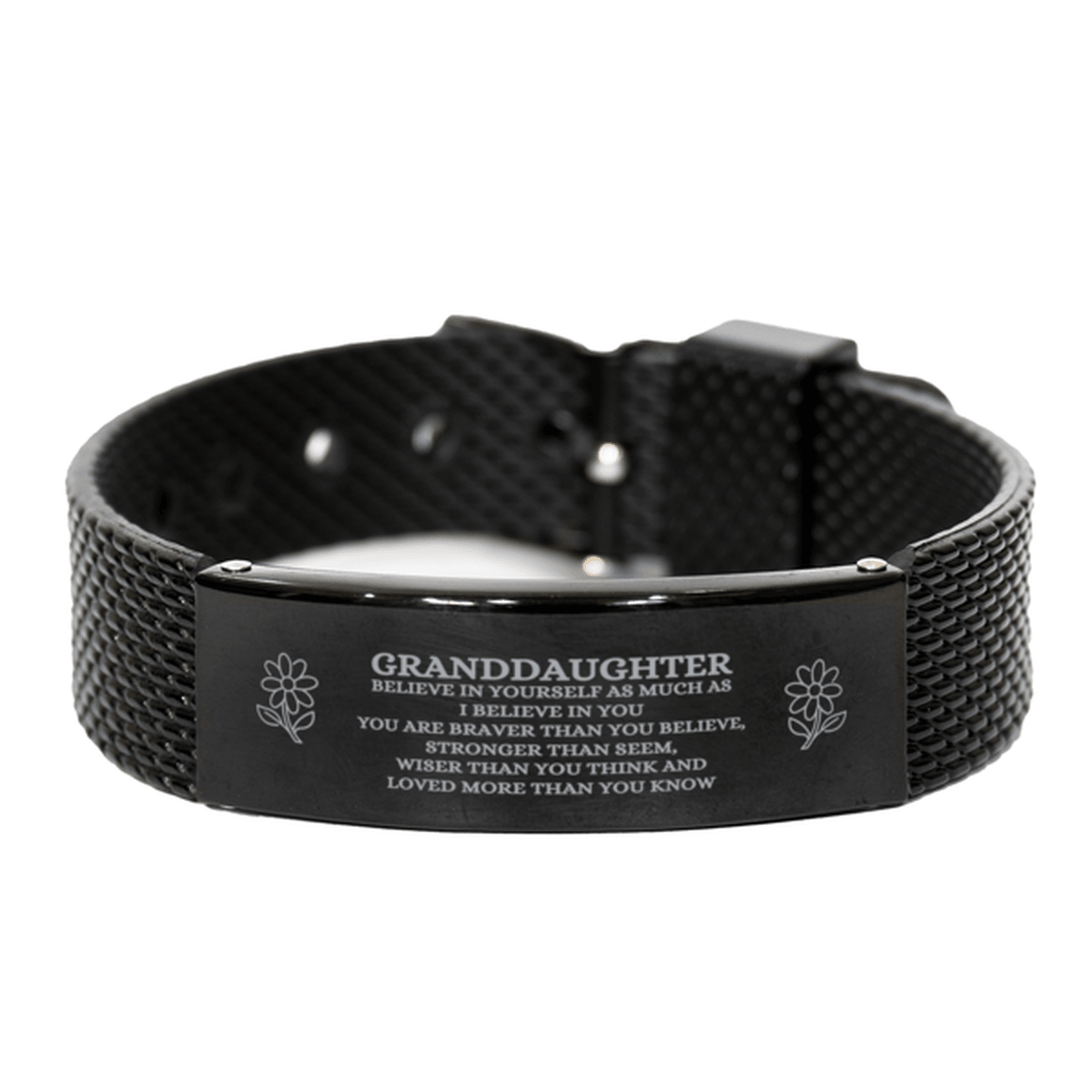 Granddaughter Engraved Black Shark Mesh Bracelet, Motivational Heartfelt Birthday, Christmas Holiday Gifts For Granddaughter, You are Braver than you Believe, Loved More than you Know - Mallard Moon Gift Shop