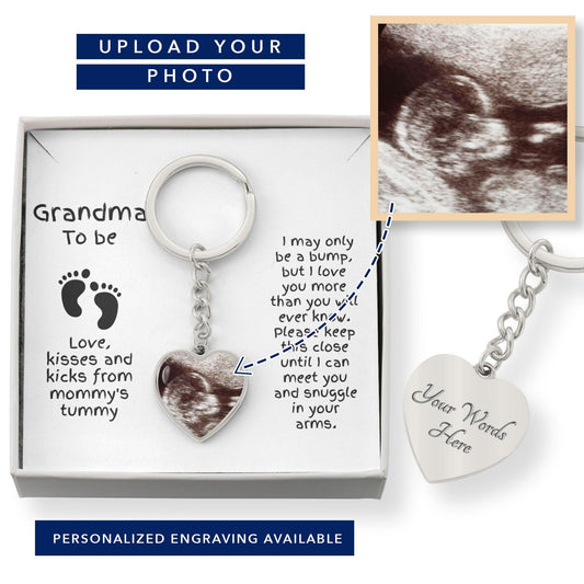 Grandma to Be Ultrasound Photo Upload Engraved Heart Keychain - Mallard Moon Gift Shop