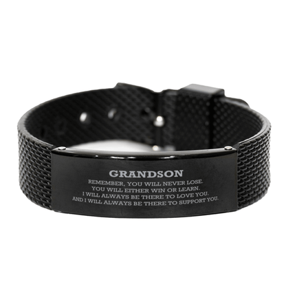 Grandson Black Shark Mesh Bracelet, Remember, You Will Never Lose. You Will Either Win or Learn, Black Engraved Bracelet for your Grandson, Birthday, Christmas Gifts Ideas - Mallard Moon Gift Shop