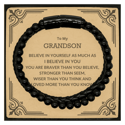 Grandson Braided Stone Leather Bracelet, Motivational Heartfelt Birthday, Christmas Holiday Gifts For Grandson, You are Braver than you Believe, Loved More than you Know - Mallard Moon Gift Shop