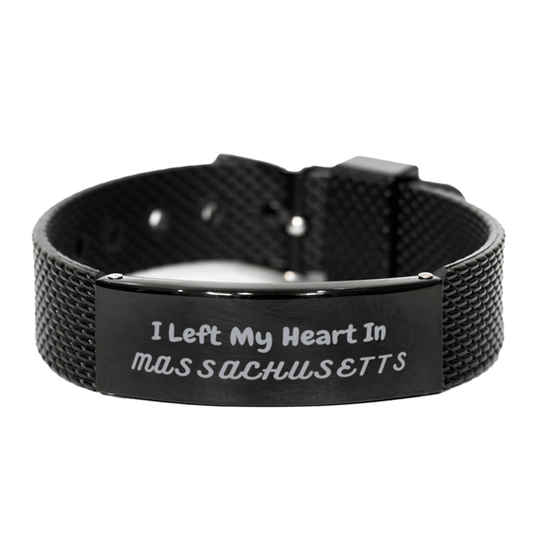 I Left My Heart In Massachusetts Gifts, Meaningful Massachusetts State for Friends, Men, Women. Black Shark Mesh Bracelet for Massachusetts People - Mallard Moon Gift Shop