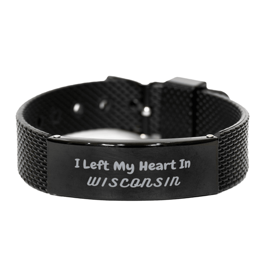 I Left My Heart In Wisconsin Gifts, Meaningful Wisconsin State for Friends, Men, Women. Black Shark Mesh Bracelet for Wisconsin People - Mallard Moon Gift Shop