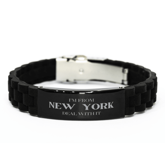 I'm from New York, Deal with it, Proud New York State Gifts, New York Black Glidelock Clasp Bracelet Gift Idea, Christmas Gifts for New York People, Coworkers, Colleague - Mallard Moon Gift Shop