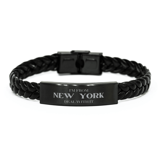 I'm from New York, Deal with it, Proud New York State Gifts, New York Braided Leather Bracelet Gift Idea, Christmas Gifts for New York People, Coworkers, Colleague - Mallard Moon Gift Shop