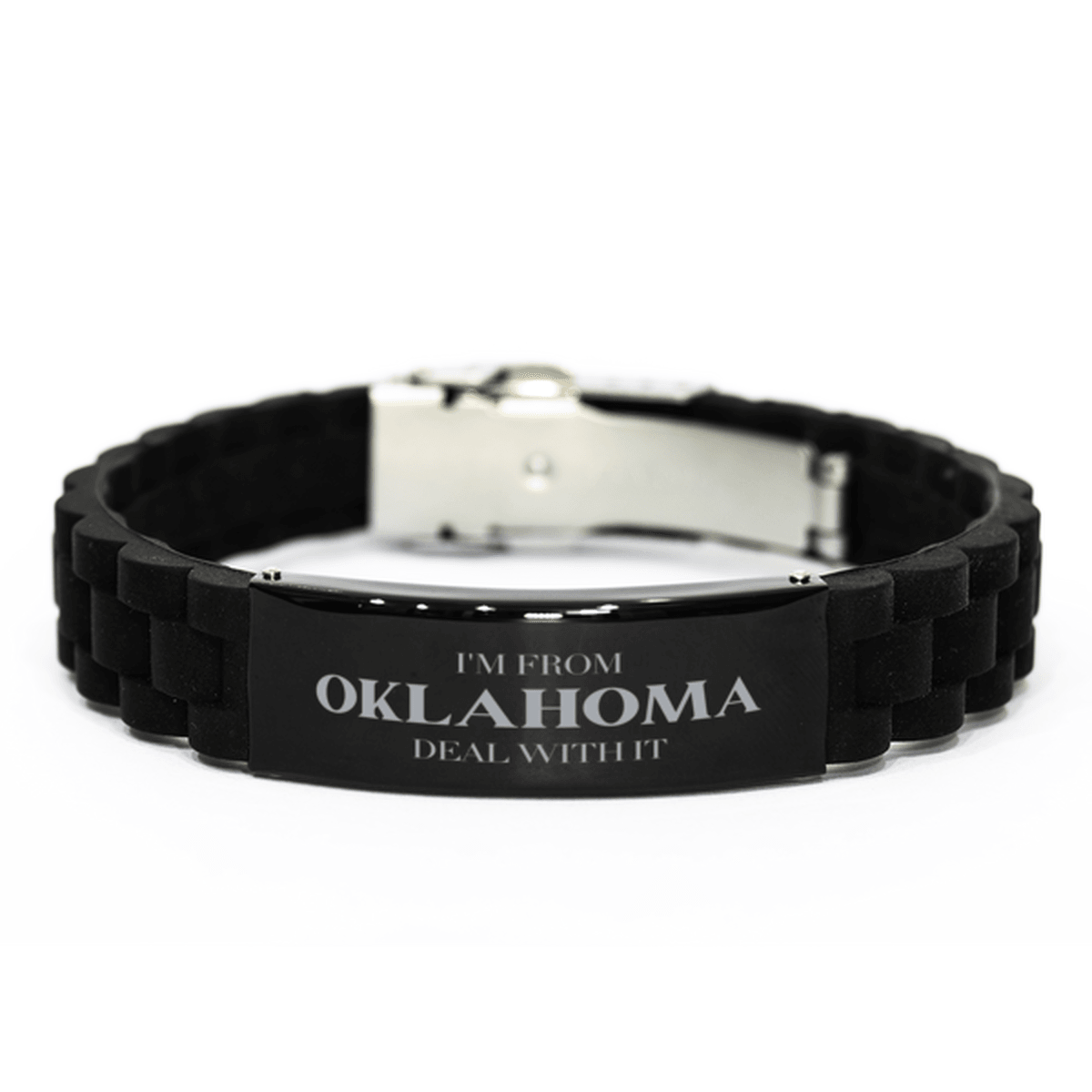 I'm from Oklahoma, Deal with it, Proud Oklahoma State Gifts, Oklahoma Black Glidelock Clasp Bracelet Gift Idea, Christmas Gifts for Oklahoma People, Coworkers, Colleague - Mallard Moon Gift Shop