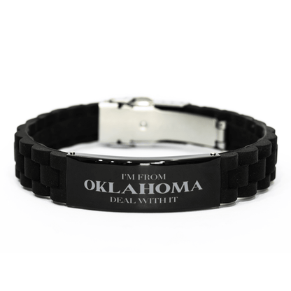 I'm from Oklahoma, Deal with it, Proud Oklahoma State Gifts, Oklahoma Black Glidelock Clasp Bracelet Gift Idea, Christmas Gifts for Oklahoma People, Coworkers, Colleague - Mallard Moon Gift Shop
