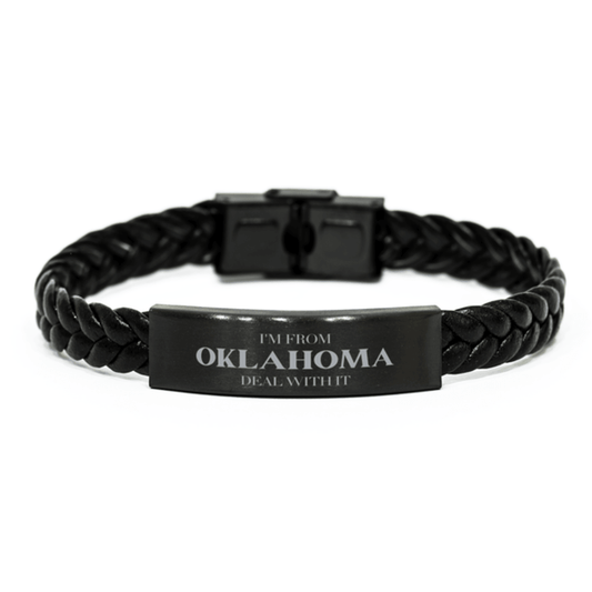 I'm from Oklahoma, Deal with it, Proud Oklahoma State Gifts, Oklahoma Braided Leather Bracelet Gift Idea, Christmas Gifts for Oklahoma People, Coworkers, Colleague - Mallard Moon Gift Shop