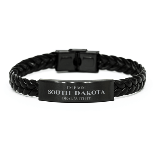 I'm from South Dakota, Deal with it, Proud South Dakota State Gifts, South Dakota Braided Leather Bracelet Gift Idea, Christmas Gifts for South Dakota People, Coworkers, Colleague - Mallard Moon Gift Shop
