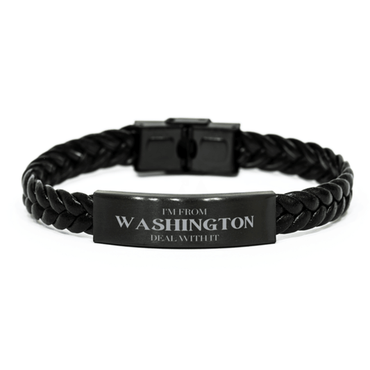 I'm from Washington, Deal with it, Proud Washington State Gifts, Washington Braided Leather Bracelet Gift Idea, Christmas Gifts for Washington People, Coworkers, Colleague - Mallard Moon Gift Shop