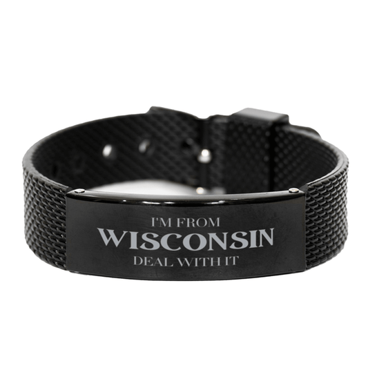 I'm from Wisconsin, Deal with it, Proud Wisconsin State Gifts, Wisconsin Black Shark Mesh Bracelet Gift Idea, Christmas Gifts for Wisconsin People, Coworkers, Colleague - Mallard Moon Gift Shop