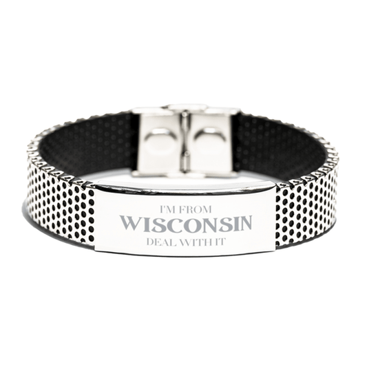 I'm from Wisconsin, Deal with it, Proud Wisconsin State Gifts, Wisconsin Stainless Steel Bracelet Gift Idea, Christmas Gifts for Wisconsin People, Coworkers, Colleague - Mallard Moon Gift Shop