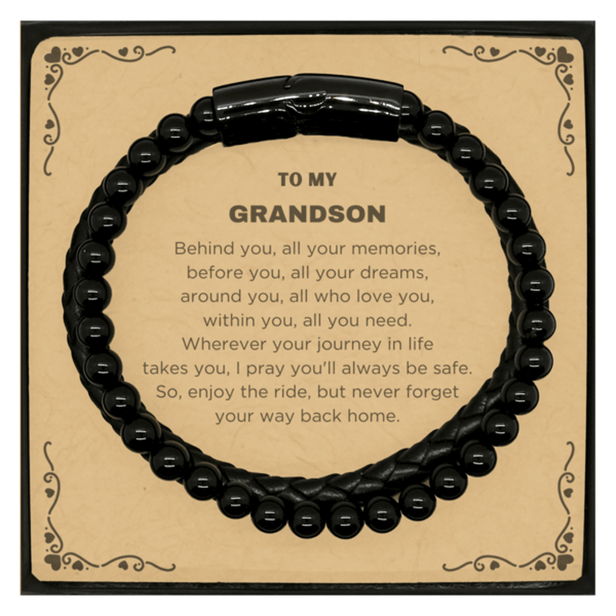 Inspirational Grandson Braided Stone Leather Bracelet - Behind you, all your Memories, Before you, all your Dreams - Birthday, Christmas Holiday Gifts - Mallard Moon Gift Shop