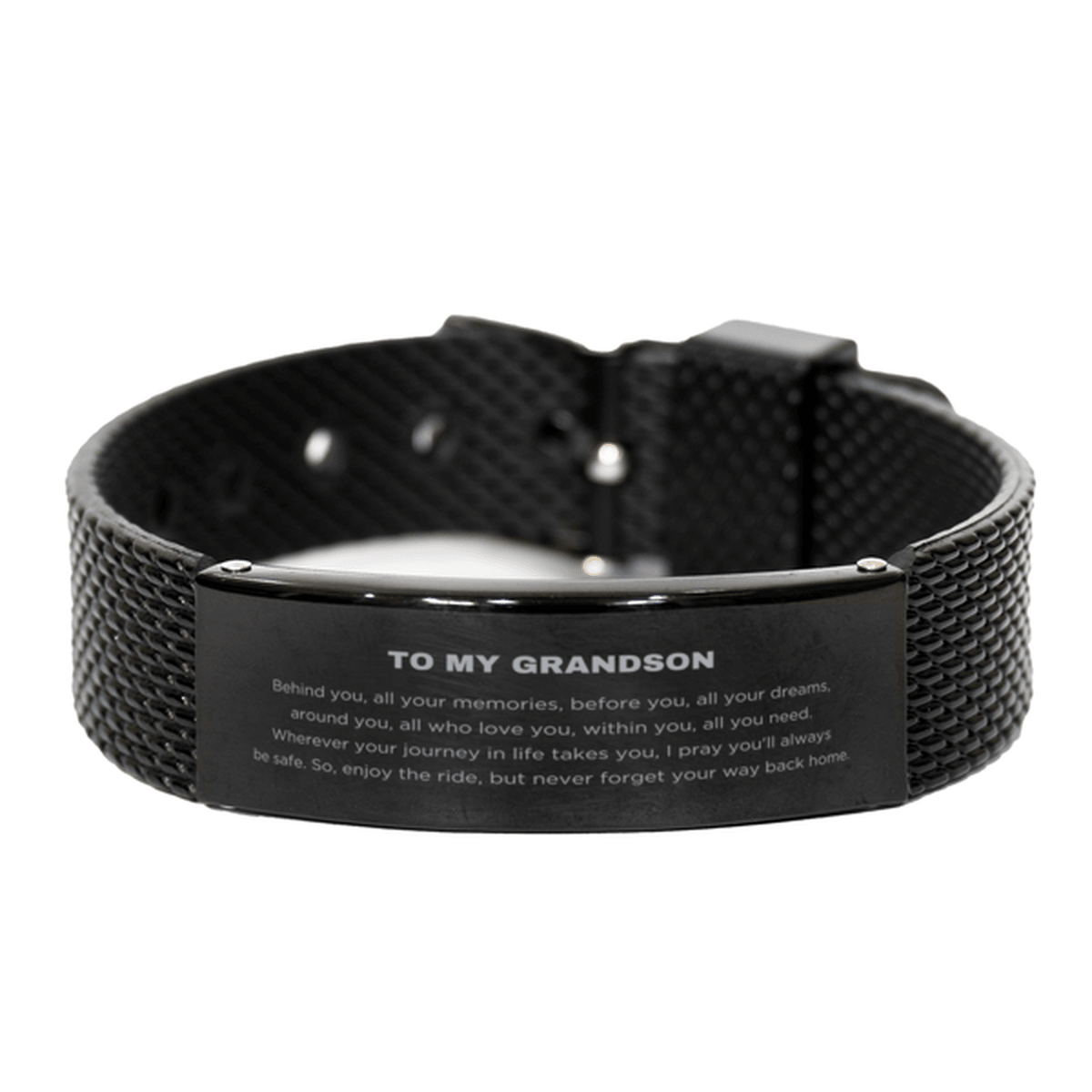 Inspirational Grandson Engraved Black Shark Mesh Bracelet - Behind you, all your Memories, Before you, all your Dreams - Birthday, Christmas Holiday Gifts - Mallard Moon Gift Shop