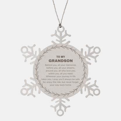 Inspirational Grandson Snowflake Stainless Steel Ornament - Behind you, all your Memories, Before you, all your Dreams - Birthday, Christmas Holiday Gifts - Mallard Moon Gift Shop