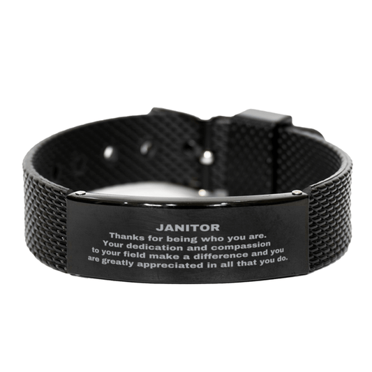 Janitor Black Shark Mesh Stainless Steel Engraved Bracelet - Thanks for being who you are - Birthday Christmas Jewelry Gifts Coworkers Colleague Boss - Mallard Moon Gift Shop