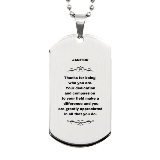 Janitor Silver Dog Tag Necklace - Thanks for being who you are - Birthday Christmas Jewelry Gifts Coworkers Colleague Boss - Mallard Moon Gift Shop