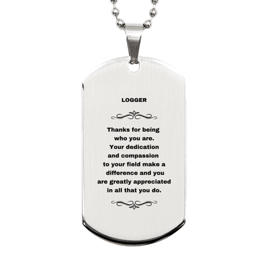 Logger Silver Dog Tag Necklace - Thanks for being who you are - Birthday Christmas Jewelry Gifts Coworkers Colleague Boss - Mallard Moon Gift Shop