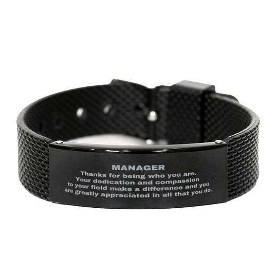 Manager Black Shark Mesh Stainless Steel Engraved Bracelet - Thanks for being who you are - Birthday Christmas Jewelry Gifts Coworkers Colleague Boss - Mallard Moon Gift Shop