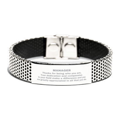 Manager Silver Shark Mesh Stainless Steel Engraved Bracelet - Thanks for being who you are - Birthday Christmas Jewelry Gifts Coworkers Colleague Boss - Mallard Moon Gift Shop