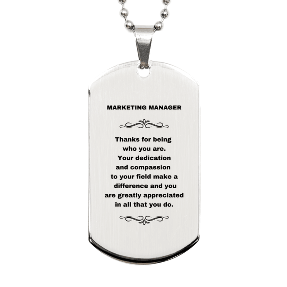 Marketing Manager Silver Dog Tag Necklace - Thanks for being who you are - Birthday Christmas Jewelry Gifts Coworkers Colleague Boss - Mallard Moon Gift Shop