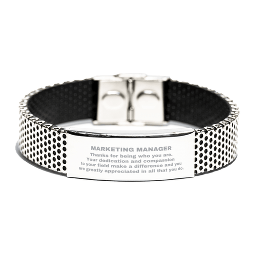 Marketing Manager Silver Shark Mesh Stainless Steel Engraved Bracelet - Thanks for being who you are - Birthday Christmas Jewelry Gifts Coworkers Colleague Boss - Mallard Moon Gift Shop