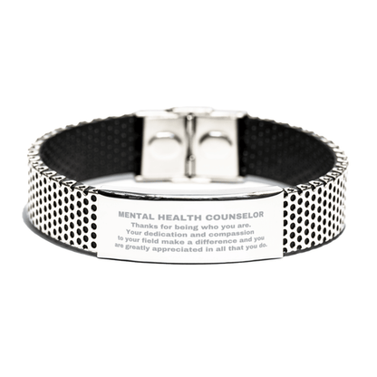Mental Health Counselor Silver Shark Mesh Stainless Steel Engraved Bracelet - Thanks for being who you are - Birthday Christmas Jewelry Gifts Coworkers Colleague Boss - Mallard Moon Gift Shop