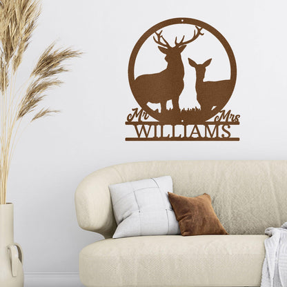 Deer Stag and Doe Mr and Mrs Custom Name Metal Art Wall Sign - Mallard Moon Gift Shop