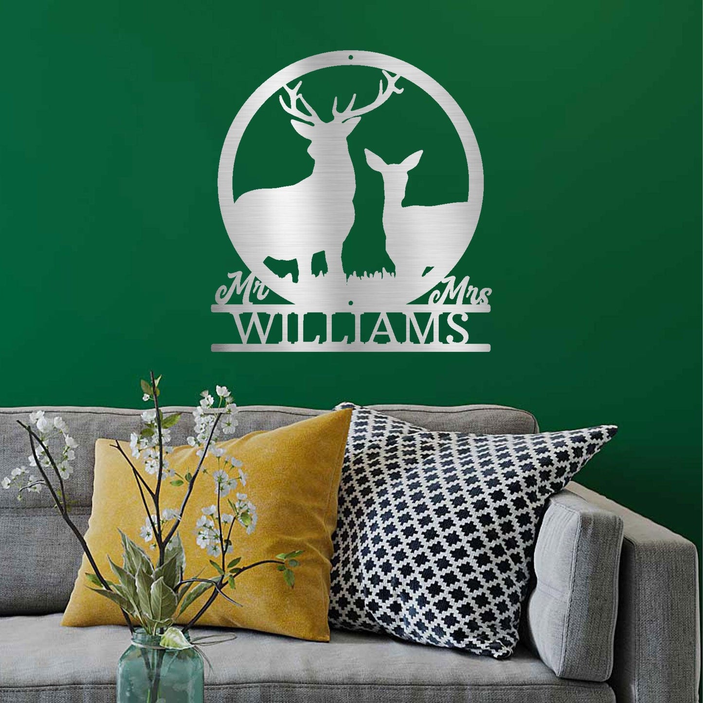 Deer Stag and Doe Mr and Mrs Custom Name Metal Art Wall Sign - Mallard Moon Gift Shop