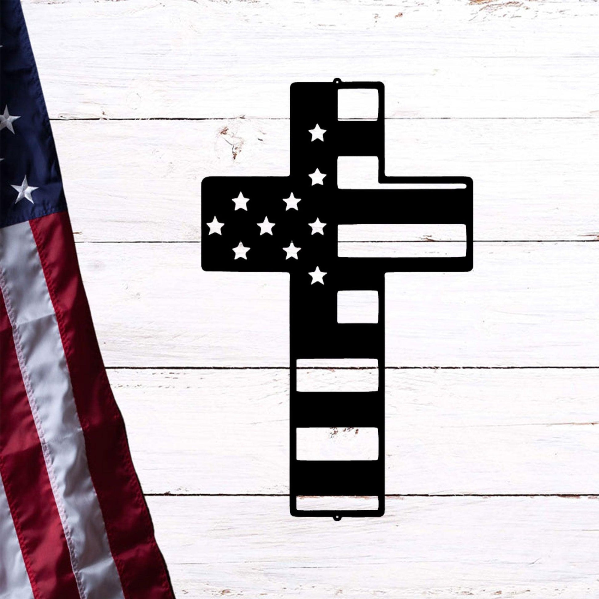 American Flag Cross Metal Art Wall Sign - Mallard Moon Gift Shop