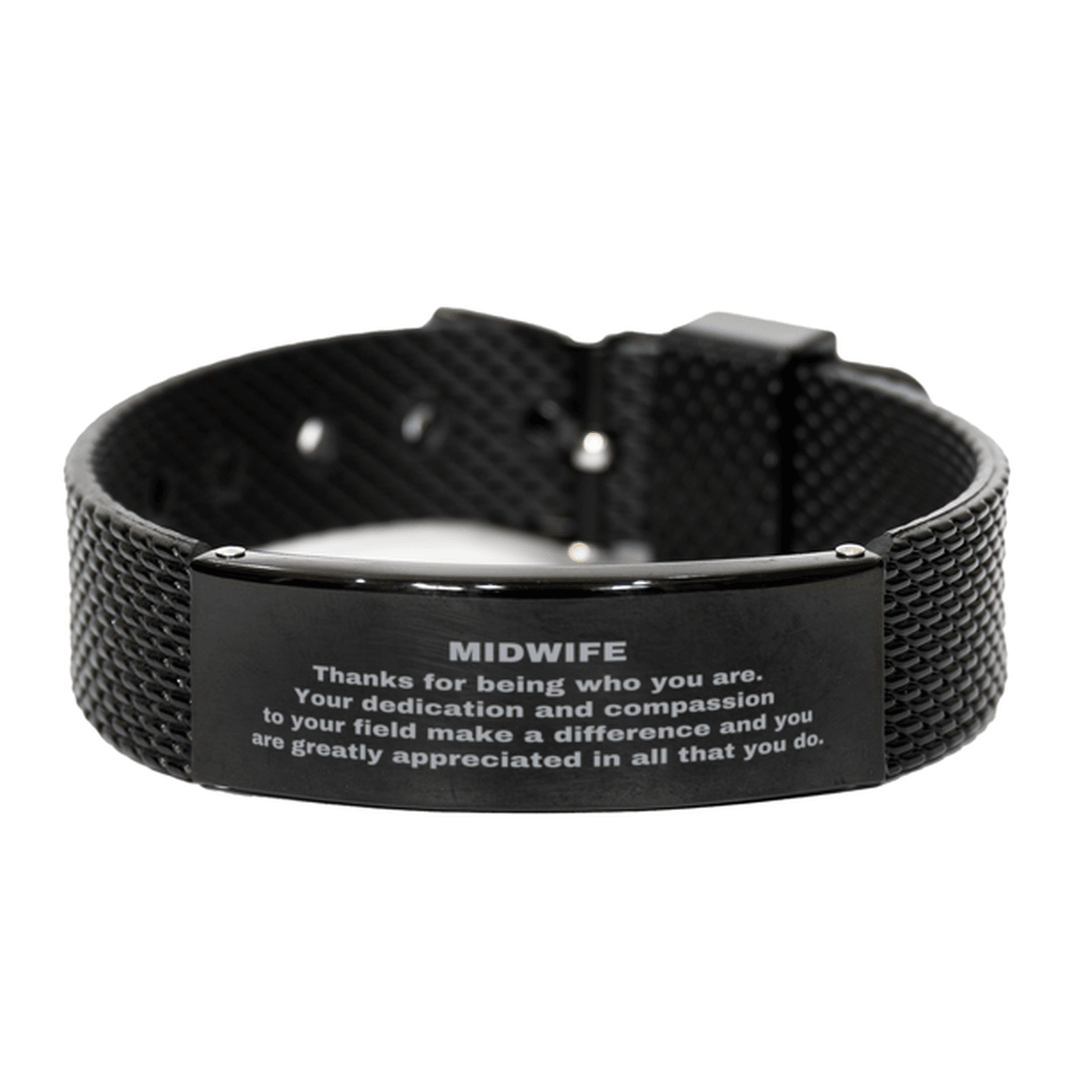 Midwife Black Shark Mesh Stainless Steel Engraved Bracelet - Thanks for being who you are - Birthday Christmas Jewelry Gifts Coworkers Colleague Boss - Mallard Moon Gift Shop