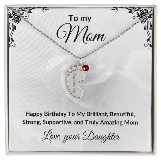 Mother Birthday Custom Engraved Birthstone Baby Feet Charm Necklace - Mallard Moon Gift Shop