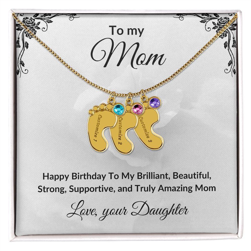 Mother Birthday Custom Engraved Birthstone Baby Feet Charm Necklace - Mallard Moon Gift Shop