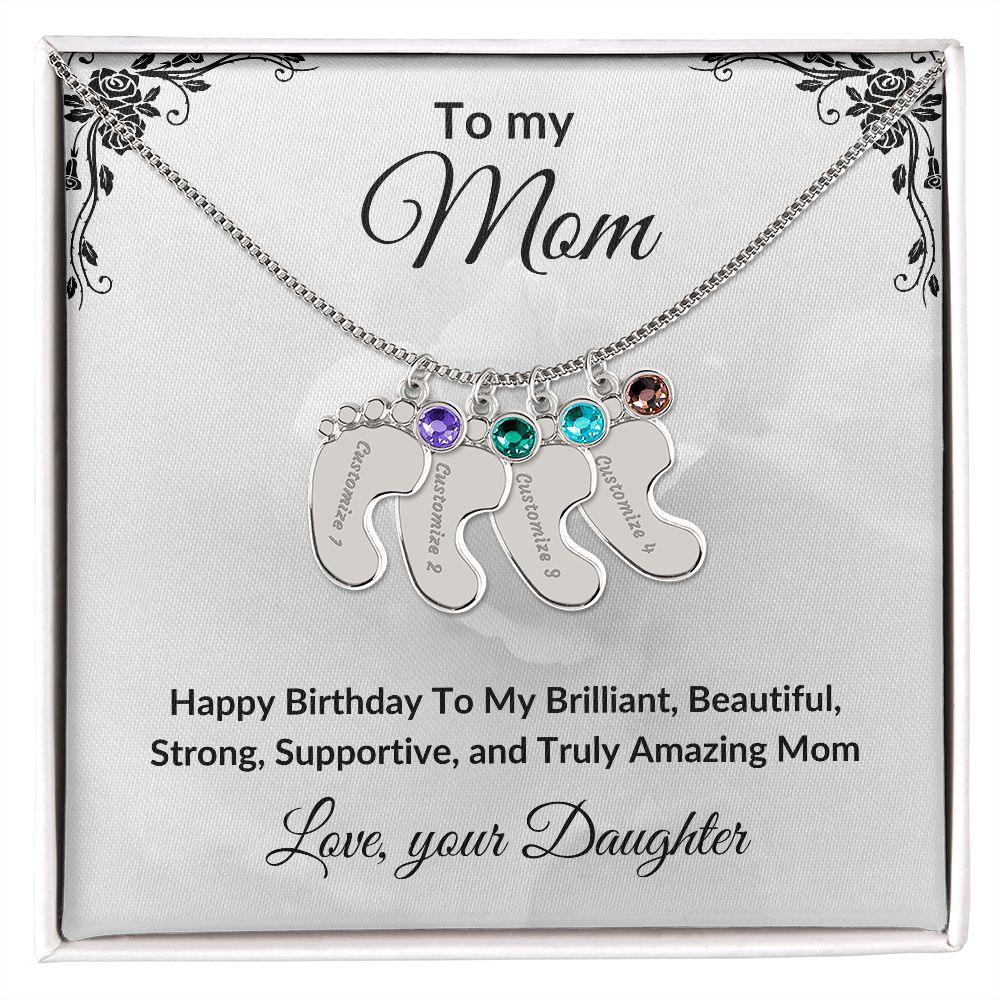 Mother Birthday Custom Engraved Birthstone Baby Feet Charm Necklace - Mallard Moon Gift Shop