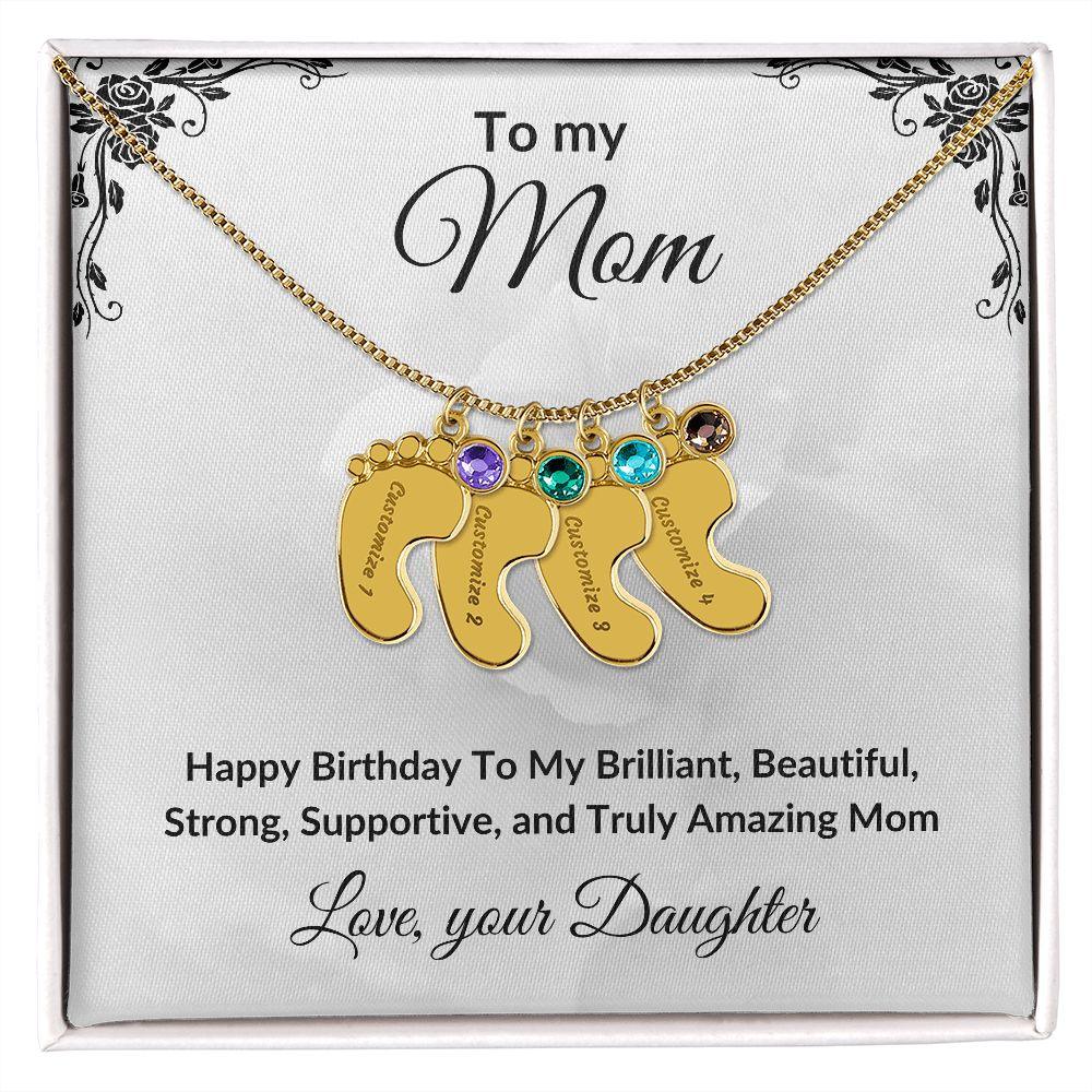 Mother Birthday Custom Engraved Birthstone Baby Feet Charm Necklace - Mallard Moon Gift Shop