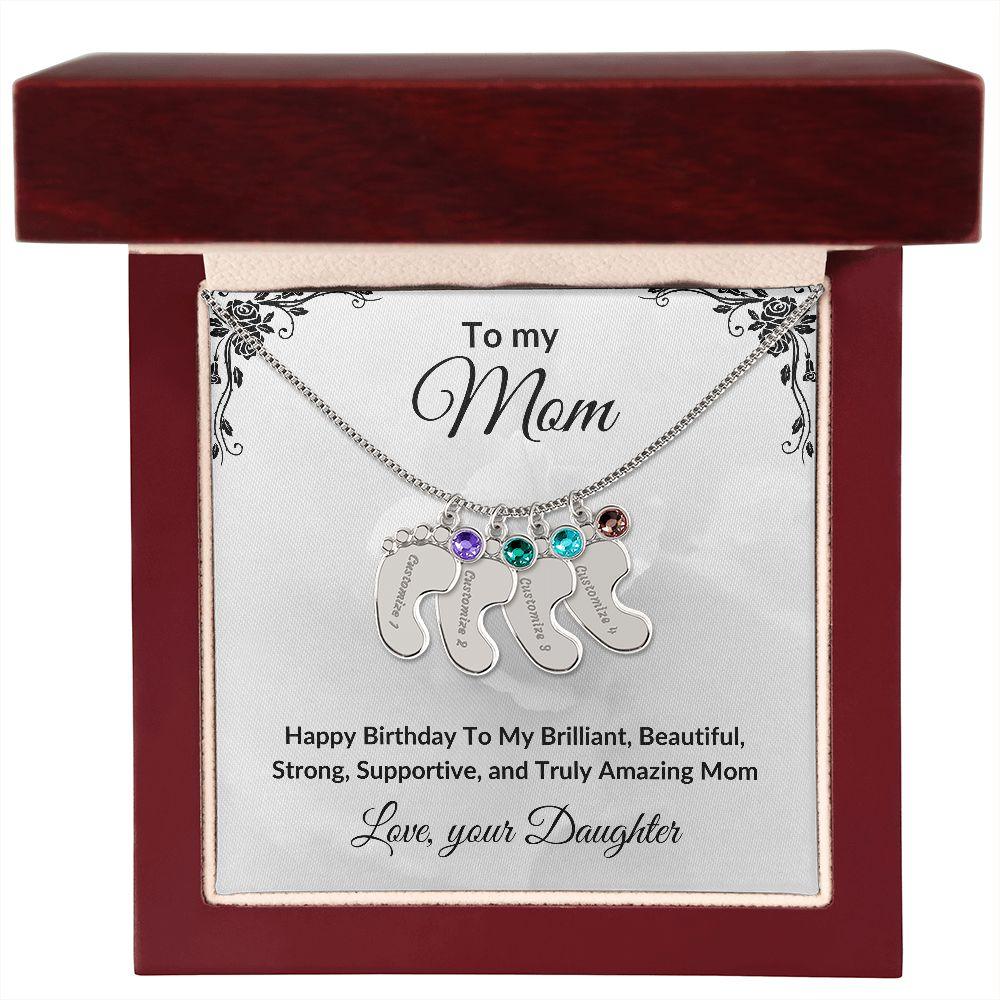 Mother Birthday Custom Engraved Birthstone Baby Feet Charm Necklace - Mallard Moon Gift Shop