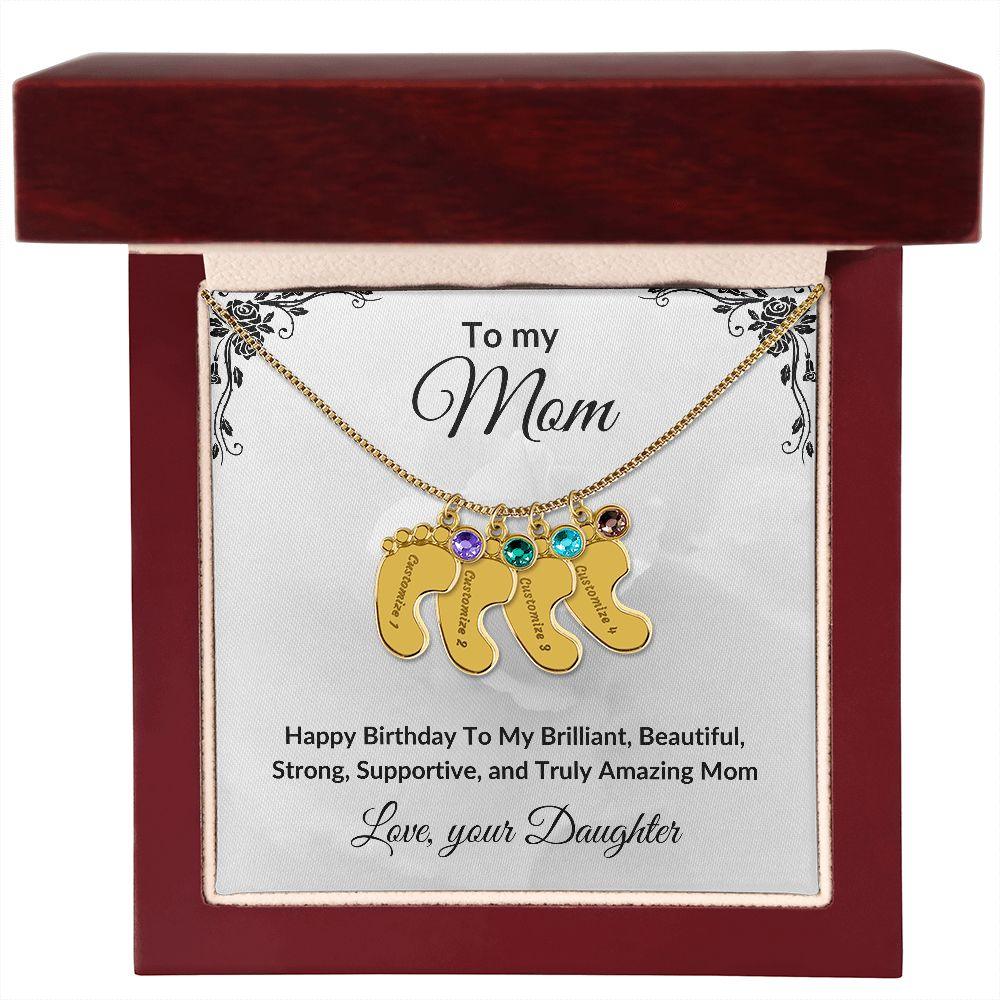 Mother Birthday Custom Engraved Birthstone Baby Feet Charm Necklace - Mallard Moon Gift Shop