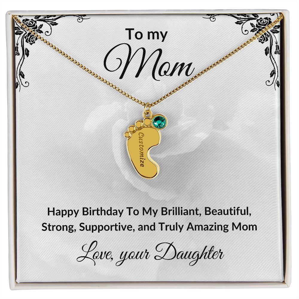 Mother Birthday Custom Engraved Birthstone Baby Feet Charm Necklace - Mallard Moon Gift Shop