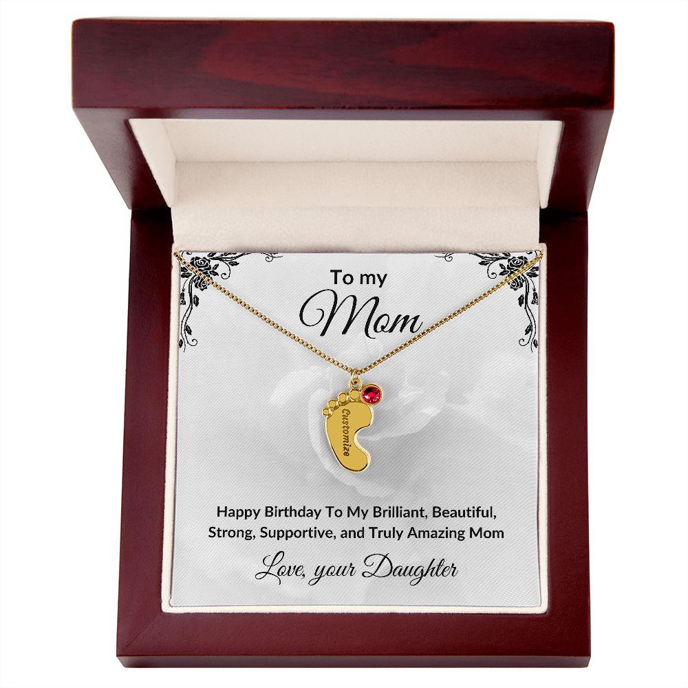 Mother Birthday Custom Engraved Birthstone Baby Feet Charm Necklace - Mallard Moon Gift Shop