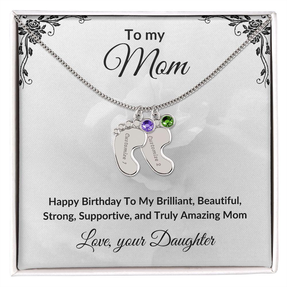 Mother Birthday Custom Engraved Birthstone Baby Feet Charm Necklace - Mallard Moon Gift Shop