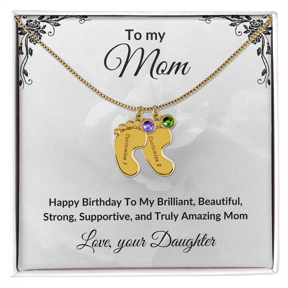 Mother Birthday Custom Engraved Birthstone Baby Feet Charm Necklace - Mallard Moon Gift Shop