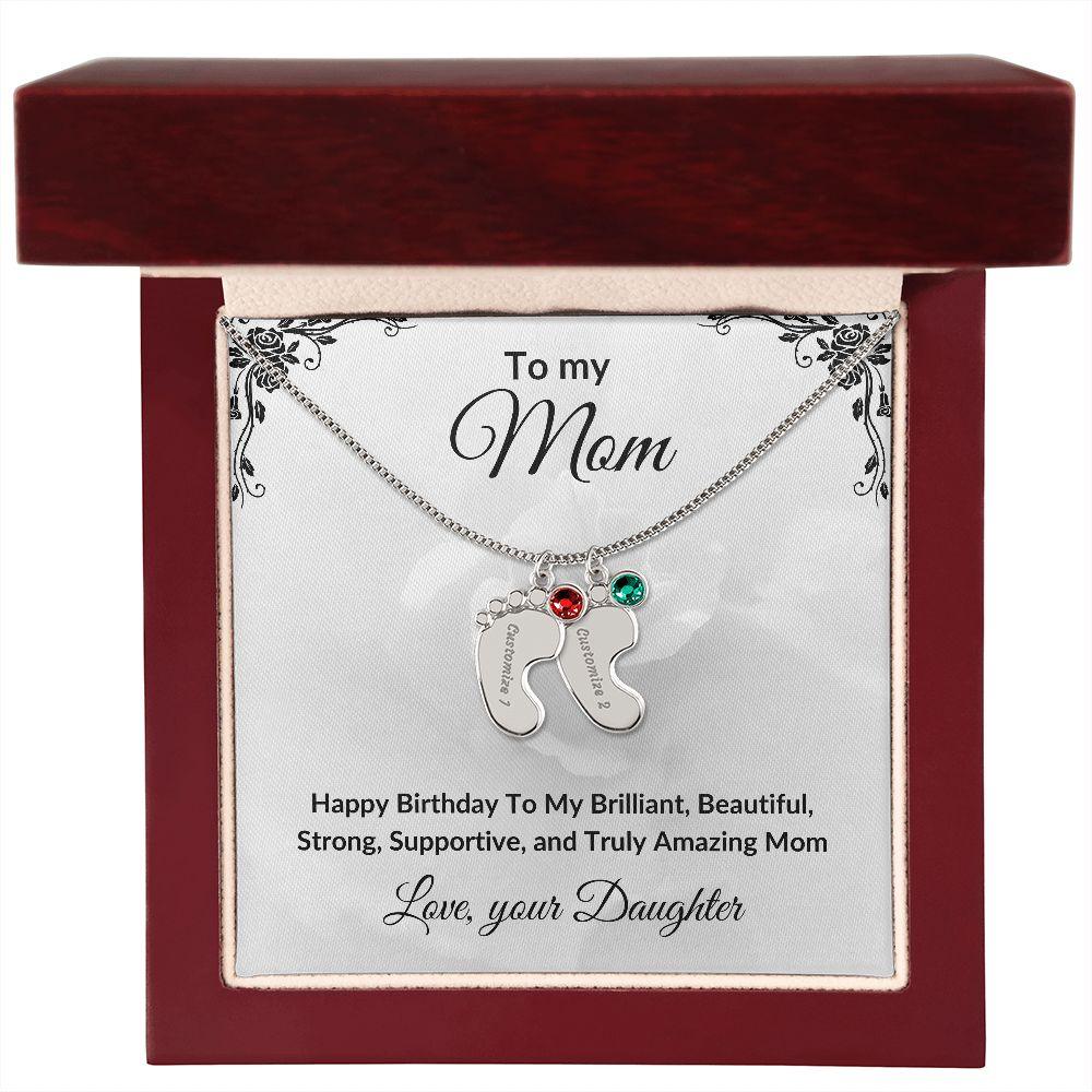 Mother Birthday Custom Engraved Birthstone Baby Feet Charm Necklace - Mallard Moon Gift Shop