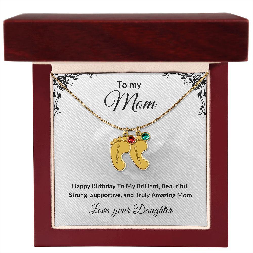 Mother Birthday Custom Engraved Birthstone Baby Feet Charm Necklace - Mallard Moon Gift Shop