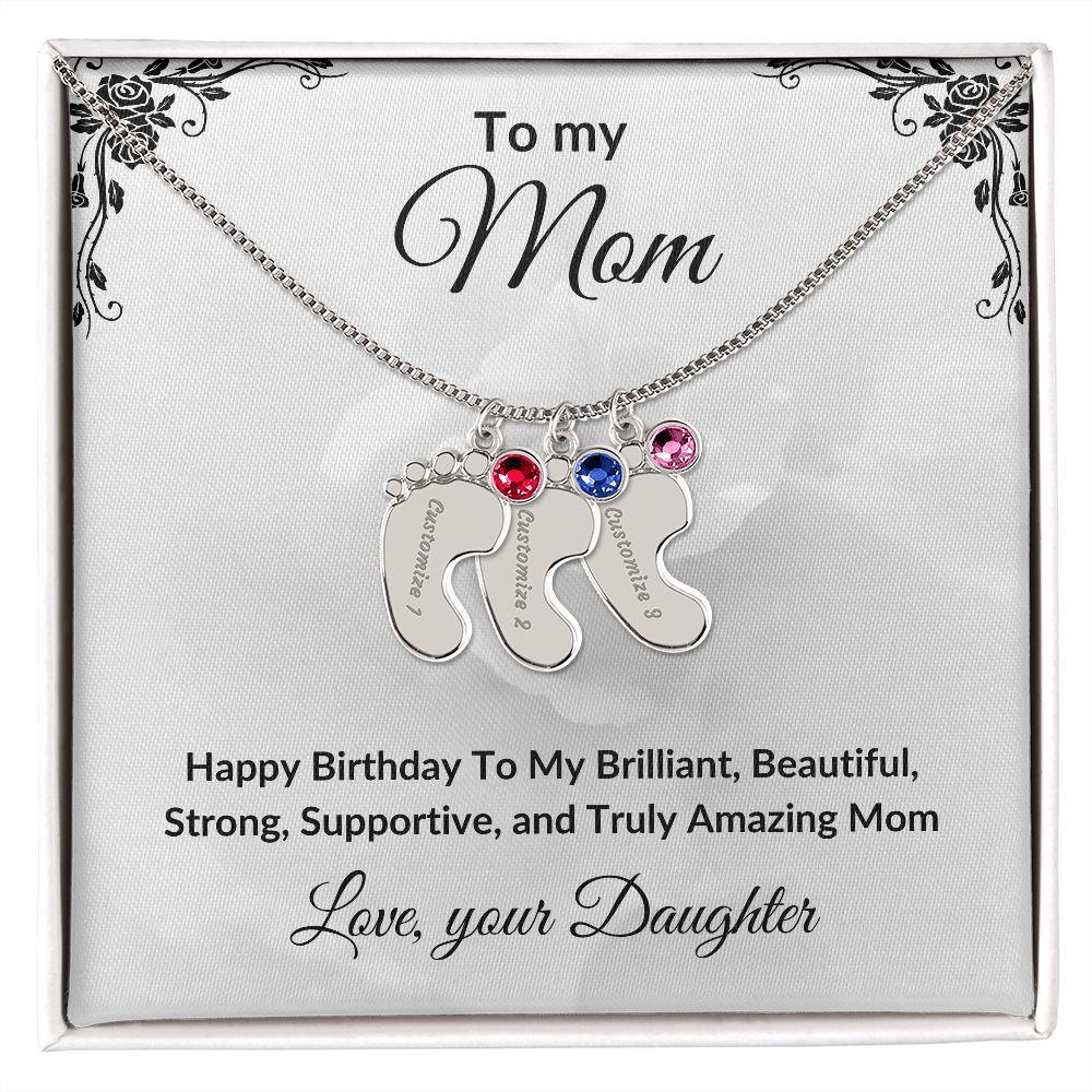 Mother Birthday Custom Engraved Birthstone Baby Feet Charm Necklace - Mallard Moon Gift Shop