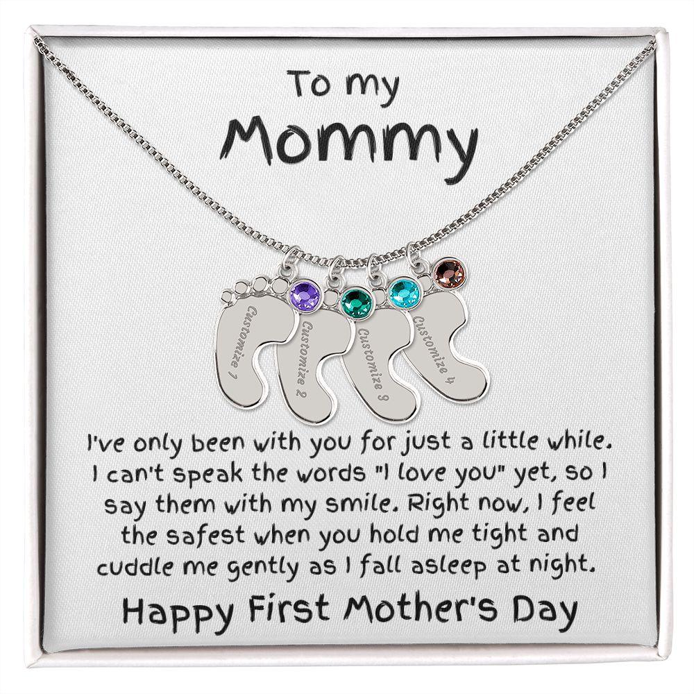 New Mom First Mother's Day Gift Baby Feet Engraved Charm Necklace with Birthstone - Mallard Moon Gift Shop